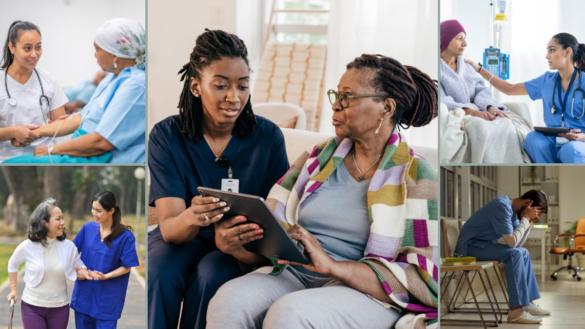 Collage of healthcare providers assisting patients