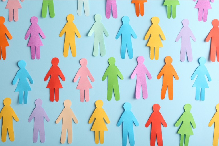 Colorful paper cutouts of men and women.