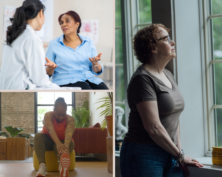 Collage: a woman talking to her doctor; a woman stretching before exercising; and a woman looking out a window