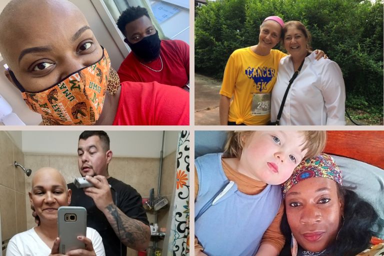 Collage of four diverse caregiver relationships, including a masked couple at a hospital, a husband shaving his wife's head, two sisters standing arm and arm, and a child cuddling with a breast cancer thriver