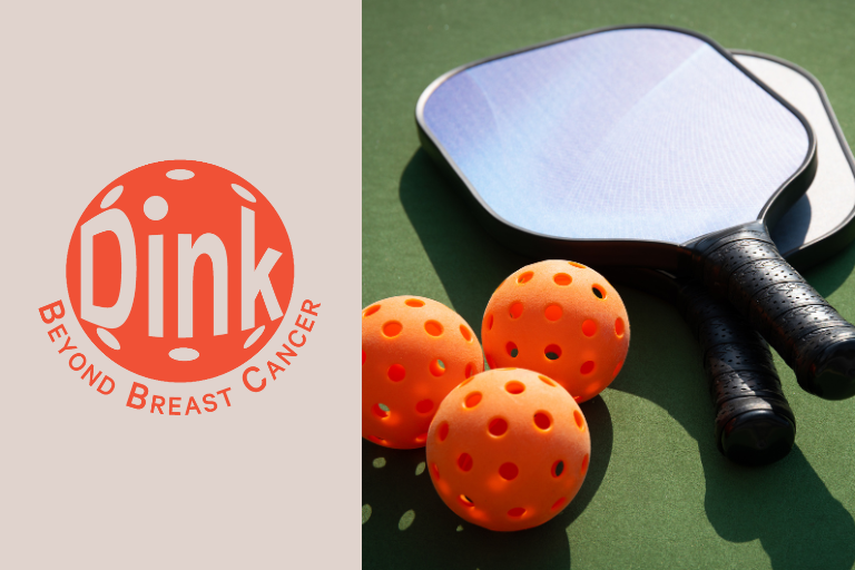 Logo that reads: Dink Beyond Breast Cancer. Image of a Paddle and orange pickleball balls.